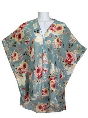 Vintage Emory Park S Duster Kimono Cover Up Beach Green Floral Small Boho Summer